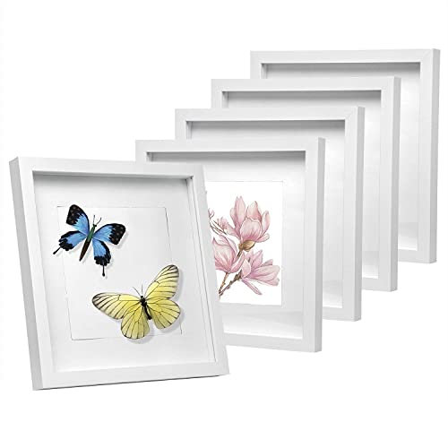EUGAD 5er Set Bilderrahmen Fotogalerie, tiefer Rahmen für Objekte bis 1,5 cm, Holzrahmen mit Papier-Passepartout, mit Glasscheibe, 3D Objektrahmen, Weiß, 40x40cm