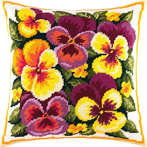 Brvsk Pansies. Stamped Cross-Stitch Kit w/Printed Tapestry Canvas (40 × 40 cm) — Stamped Cross-Stitch Cushion Kit for Creative Home Décor — Needlework Kit for Adult Beginners