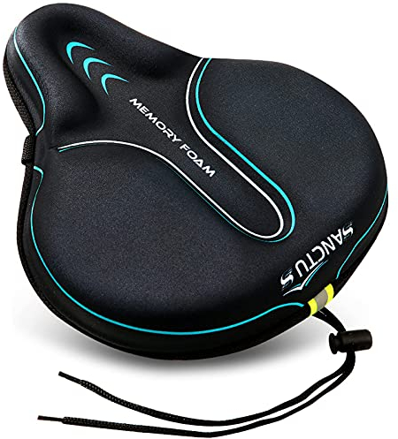 Bike Seat Cushion Cover Memory Foam, Large Wide Bicycle Saddle Soft for Men Women, Comfort Exercise Cycle Seats Cover Padded Fits Stationary Bikes, Cruiser, Spin, with Waterproof Cover Light Blue