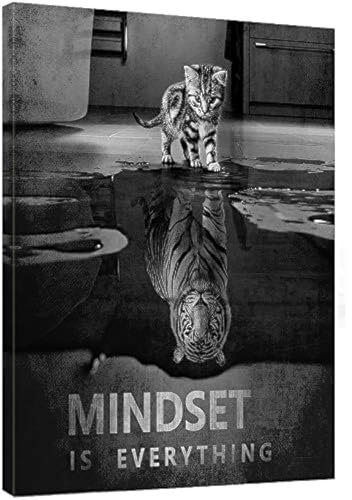 Mindset is Everything Katze inspirierende Unternehmer-Zitate motivierende Wandkunst – Leinwanddruck Rahmen Bild Gemälde für Büro, Flur, Heimdekoration, Kinderzimmer, Geschenk, 30,5 x 40,6 cm
