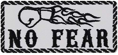 Biker Aufnäher/Aufbügler/Patch NO FEAR Jeans Flicken/Bügelbilder zum annähen/aufbügeln | Boxer Geschenk Motorradfahrer Applikation für Leder/Tasche/Weste | weiß 100x45mm