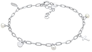 Elli Armband Damen Kreuz Feder Herz Verstellbar mit Süßwasserzuchtperlen in 925 Sterling Silber