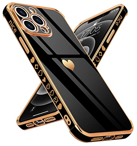 Urarssa Kompatibel mit iPhone 12 Pro Hülle Fashion Gold Herz Muster Mädchen Handyhülle Kameraschutz Stoßfest Schutzhülle Weich TPU Silikon Bumper Case für iPhone 12 Pro, Schwarz