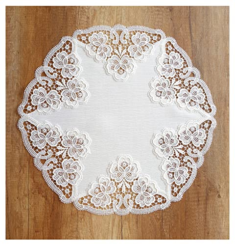 atelier alles-Spitze Elegante naturfarbene Spitzendecke Vanessa | Hochwertige Tischdecke aus Satin und Luftspitzemotiven mit Blütenmuster | Größe: 50 cm rund