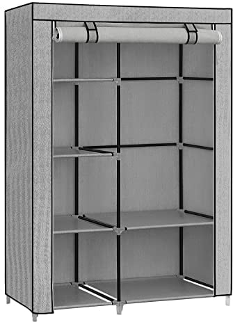 SONGMICS Kleiderschrank, Garderobe, mit 1 Kleiderstange, 6 Einlegeböden, Vliesstoff, Metallrahmen, 45 x 105 x 168 cm, für Schlafzimmer, Flur, grau mit Fischgrätmuster RYG085G22