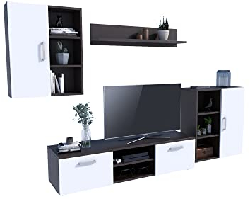 MATKAM Wohnwand Dedal, Schrankwand Wohnzimmer Modern, Wohnzimmerschrank mit Fernsehtisch Komplett Möbel (Wenge-Weiß)