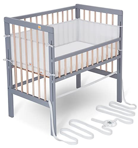 FabiMax Baby Beistellbett für Boxspringbett, TÜV geprüft 2022, inkl. Matratze und Nestchen aus Netzstoff, Buche massiv grau/Natur, Air/weiß mit Punkteband