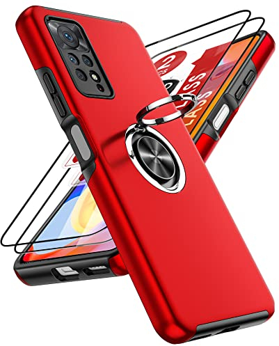 LeYi Hülle für Xiaomi Redmi Note 11 Pro 5G/4G/Note 12 Pro 4G Kameraschutz Handyhülle & 2*Hartglas Folie, Hybrid Schutzhülle Militär Standard Stoßfest Handy Hüllen mit Metall Ring Ständer Halter Rot