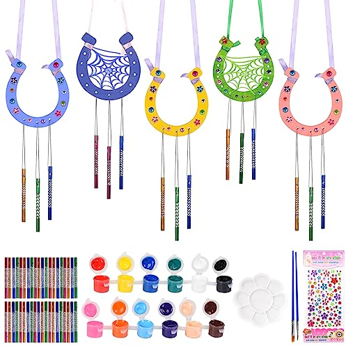 Herefun Hufeisen Basteln Kindergeburtstag, 16 Stück Windspiel Bastelset Kinder, DIY Windspiel Basteln für Hängend, Geschenke für Kindergeburtstag Mädchen Jungen Gekritzel Gartendeko Draußen