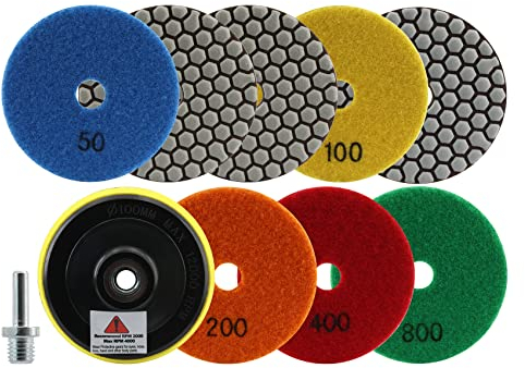 FOCSTOL Diamond Dry Polishing Pads - 8pcs 100mm (3pcs Grit 50+2pcs Grit 100+1pc Grit 200/400/800) Polishing Kit with M14 Backer for Granite Marble Artificial Stone Quartz for Angle Grinder