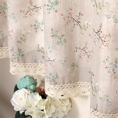 Moslovstar Kleiner Gras- und Blumenvorhang, 1 Paneel, Vintage-Stil, halber Vorhang aus Baumwollleinen für Küche, Café, eleganter Saum mit floraler Spitze, 140 cm B x 120 cm L, Beige
