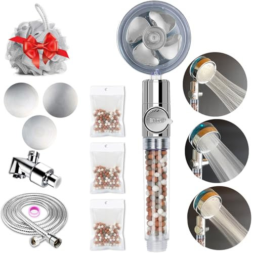 Hydro Jet High Pressure Filtered Shower Head Handheld Turbo Fan Shower Set with Replacement Hose/Bracket/Cotton Filter and Bath Loofa, 3 Water Panels for Different Experiences