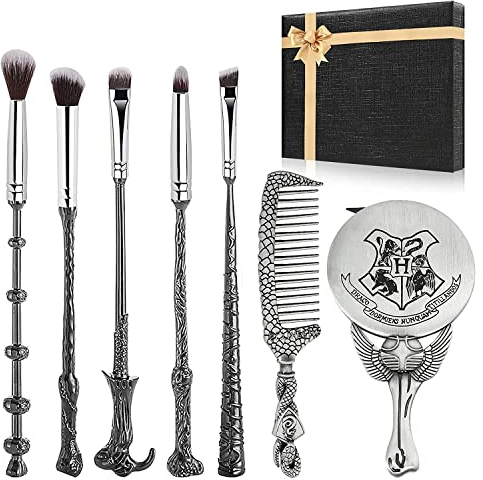 Harry Lot de 7 pinceaux de maquillage avec miroir argenté, peigne, baguette de magicien pour fond de teint, fard à paupières, correcteur de visage, contour des yeux, poudre liquide pour les yeux,