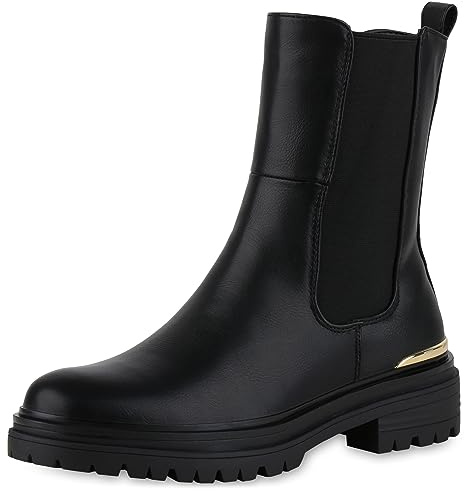 VAN HILL Damen Klassische Stiefeletten Blockabsatz Profilsohle Trendy Schuhe 840618 213385 Schwarz 37