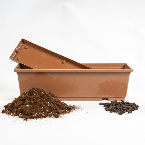 VIVES ORNAMENTALES Pack Jardinera Color Terracota mas Plato con Mezcla de Turba Rubia y Negra y Abono Ecológico de Oveja en Pellet. (Terracota)