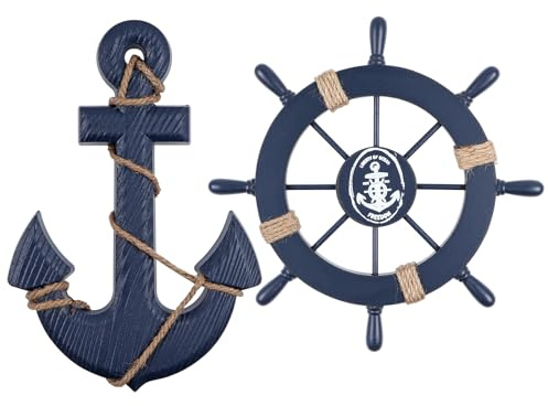 BIMUYI Ship Steering Wheel Decor, Nautical Wooden Boat Rudder and Anchor, Set of 2 (Blue)