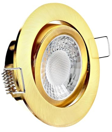 LED Einbaustrahler Gold-Messing gebürstet | rund | 360° schwenkbar | Lochmaß Ø 68mm - 75mm | Einbautiefe 64mm | Anschlussfertig mit GU10 230V Fassung Farbe 7W LED dimmbar warmweiß GU10 230V
