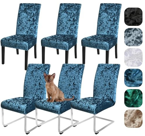 Alishomtll Samt Stuhlhussen 4er/6er Set Zerknitterter Samt Stretch Stuhlbezug Schwingstühle Elastische Hussen Abnehmbare Waschbarer Stühle Schutz für Esszimmer Party Bankett Hochzeit (Blau, 6 Stück)