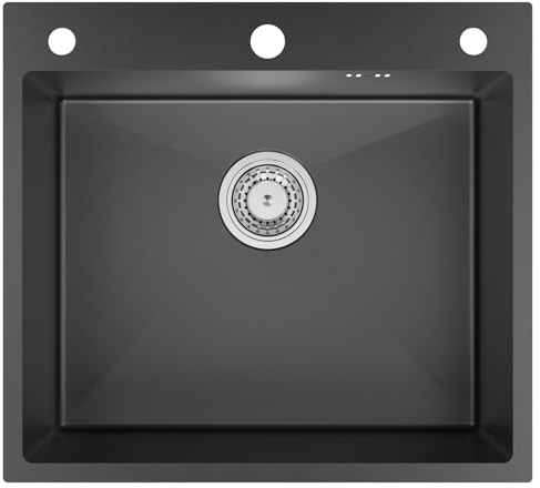 Auralum Spülbecken schwarz 54 x 49 cm, Küchenspüle Edelstahl Anthrazit, 1 Becke Einbauspüle, Spülbecken Küche Klein inkl. 500 ml Seifenspender, Siphon Ab- und Überlaufgarnitur