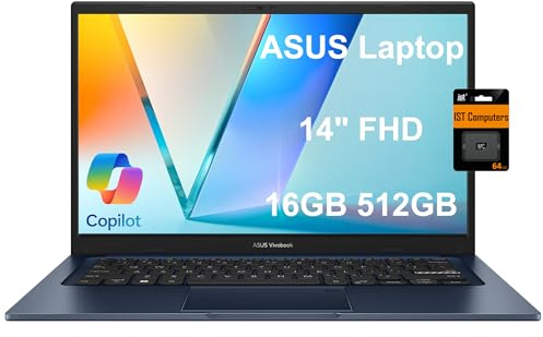 ASUS Vivobook 14 Slim Ordinateur portable (14 FHD, 16 Go de RAM, 512 Go SSD, Intel Core i3-1215U (> i5-1235U)) pour étudiants, affaires, éducation, pavé numérique, charge rapide, webcam, Win 11 Home