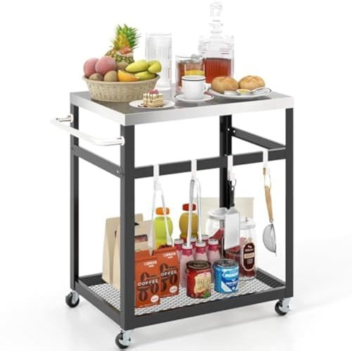 Grilltisch Outdoor, Grillwagen mit 2 Ablagen & 4 Rädern & Griff & 4 Haken, Pizzatisch Beistelltisch Servierwagen für Hinterhof, Garten, Terrasse (2 Ablagen), Schwarz + Silber