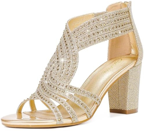 Gufobela Heels for Women Chunky Rhinestone Block Heeled Sandals Sparkly Open Toe Formal Dressy Shoes Wedding Prom Homecoming Hoco (1122 Gold 8)