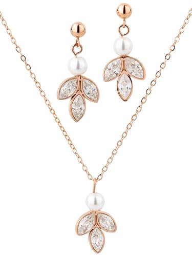 Brautschmuck: Halskette & Ohrringe aus Edelstahl mit Zirkonia & Perle (Roségold)
