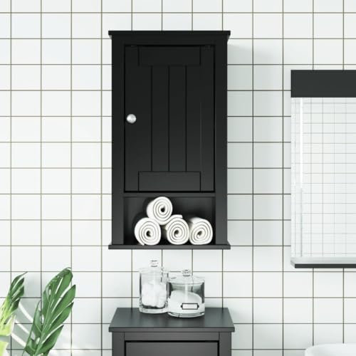 Homgoday Armoire Murale de Salle de Bain Berg Noir Bois de pin Massif, Armoire Murale de Salle de Bain, Organisateur de Meuble de Rangement Suspendu avec Porte et 3 Étagères pour Salon