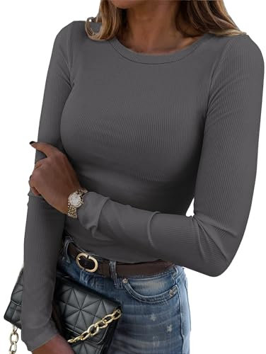 Zeagoo Ladies Long Sleeve Shirts Basic Tops Casual Elegant Shirt Crewneck Shirts Solid Color T-Shirt Ribbed Slim Fit Tunic Tee Y2K Crop Top Clothes Herbst Winter Darkgray XS