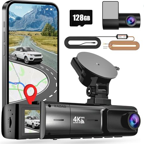 Yabdbg Dash Cam Auto 4K/2K+1080P Doppio Dashcam con Scheda da 128GB e Kit Cablaggio,Radar Rilevamento Del Movimento Reale,Modalità Parcheggio 24H a 360°,5G WiFi GPS,APP Telecamera per auto 3”IPS 170°