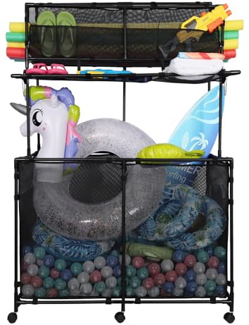 Arejonner 740 Gallon Pool Storage - for Outdoor, Pool & Patio, Holds Noodles, Goggles, Floats & Balls, with Mesh Pockets, Noodle Holder, Towel Drying Function & Rolling Wheels, 2 Sizes (Large)