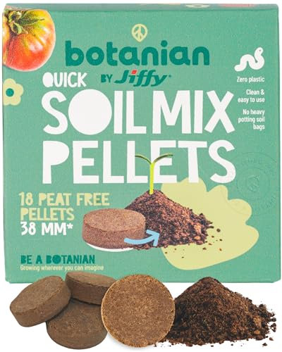 Jiffy Botanian 18 x Peat Free Quick Soil Mix Pellets - Zero Plastic Potting Soil for Herbs, Vegetables & Flowers. Simple & Easy to Use 38mm Coir Discs Perfect for Sowing & Planting Indoors or Outdoors