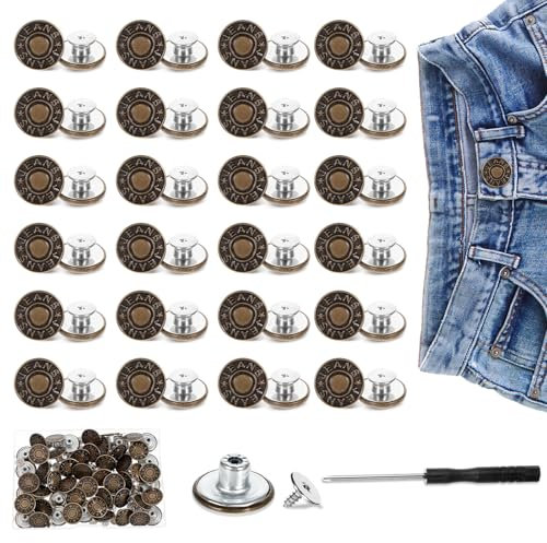 Ptwola 48 Stück Verstellbare Hosen Ersatz Knöpfe Jeansknöpfe mit Schraubendreher Metall Button Pins Jeans Ohne Nähen mit Nieten zum Stecken DIY Jeansknopf Reparatur von Jeans Hose Enger Machen