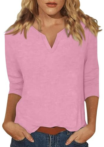 T-shirts d'été pour femme - Manches 3/4 - Col en V - Tunique - Chemisier à manches trois-quarts - Élégant - Décontracté - Couleur unie - Chemisiers et tuniques pour femme, Z01 - Rose., M