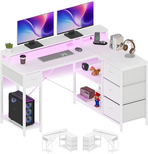 YITAHOME L Shaped Computer Desk with Drawers, Corner Desk with USB Charging Port and Power Outlet, Office Desk with Monitor Stand, 140x100cm Gaming Desks Workstations,White