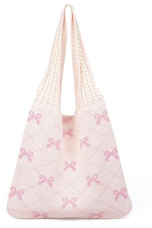 Beige Häkeltasche mit Rosa Schleifen, Aesthetic Gehäkelte Tasche Crochet Bag, Damen Stricken Einkaufstasche, Große Aesthetic Strandtasche für Damen, für Reisen Einkaufen Dating Strand Den Alltag