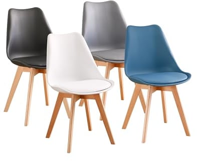 PEZ ROJO Lot de 4 Chaises Scandinaves, Chaises Salle à Manger, Mix Couleurs - Blanc, Gris, Bleu Canard, Noir, Pieds Bois de Hêtre Massif