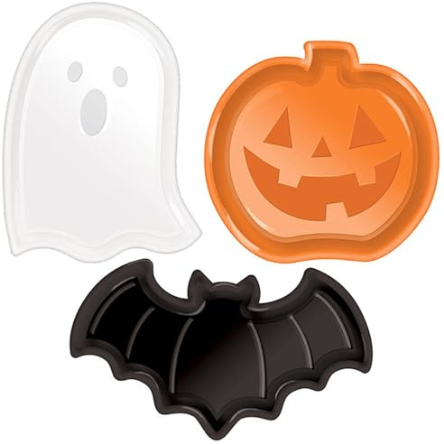Bandeja de servicio de Halloween, platos de Halloween de plástico de 3 piezas, lindos platos de calabaza de bate fantasma, plato de caramelo portátil para alimentos, arroz, bocadillos, verduras, frut