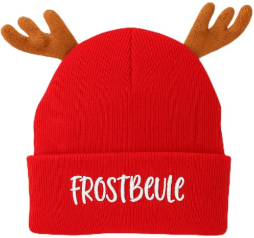 MIJOMA Weihnachtsmütze mit Rentier-Geweih – | Lustige XMAS Wintermütze aus Strick mit Spruch – Warm & weich – Geschenkidee für Weihnachten & Glühweinparty