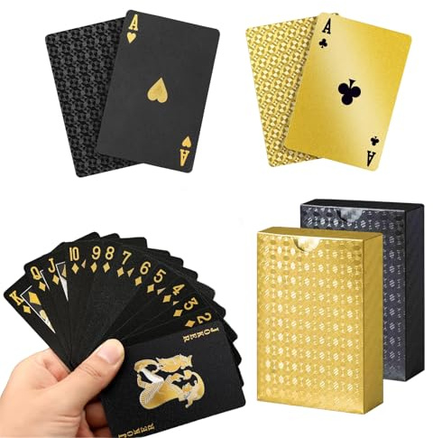Sekfpnk 2 Stück Playing Cards, 54 Blatt pro Set wasserfester Spielkarten, Hochwertiger Diamant Poker Cards für Kartenspieler, Freunde und Familie zum Spielen und zur Unterhaltung (Gold und schwarz)