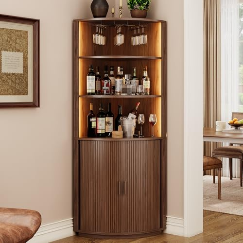 72 Tall Corner Bar Cabinet with LED Lights, Fluted Wine Bar Cabinet with Storage, Mid-century Modern Liquor Cabinets with Sliding Door & Wine Glass Holder, for Dining Room, Living Room Walnut
