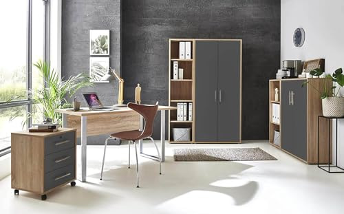 moebel-dich-auf Büromöbel Set TABOR 4 Schreibtisch, Rollcontainer, Aktenschränken & Regal – Büro Komplettlösung Korpus Eiche Sonoma Front weiß matt