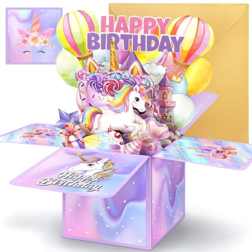 Hierein Birthday Card Girl, 3D Pop Up Unicorn Girl Birthday Cards Box | Happy Birthday Card for Kids, Granddaughter, Daughter, Niece, Cousin, Little Sister, Friends, Greeting Card for Unicorn Fans