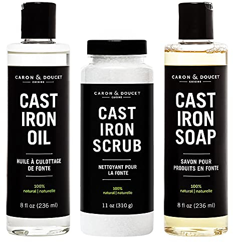 CARON & DOUCET - Ultimate Cast Iron Set: Seasoning Oil, Cleaning Soap & Restoring Scrub | 100% Plant-Based & Best for Cleaning Care, Washing, Restoring & Seasoning Skillets, Pans & Grills!