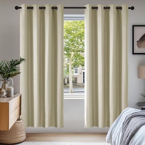 Deconovo Blickdichte Vorhänge mit Ösen Schlafzimmer Thermovorhang Beige | 2er Set, H210 x B140 cm, Verdunklungsgardine, Thermovorhang, Sichtschutz, UV-Schutz, mit Ösen, für Schlafzimmer,für Büro