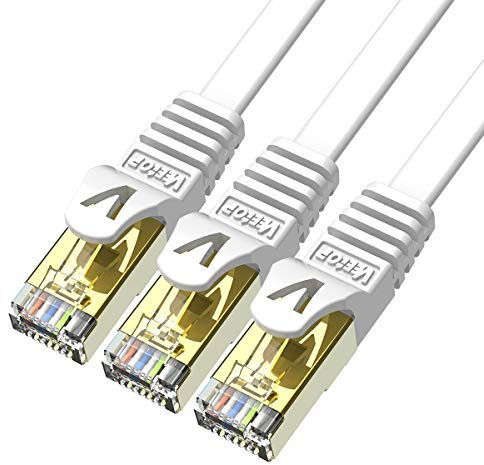 Veetop Cable Ethernet Cat 7 LAN de Red con Conectores Rj45 Oro Plano, Velocidad 10 Go/s (0,5m x 3 Piezas, Blanco)