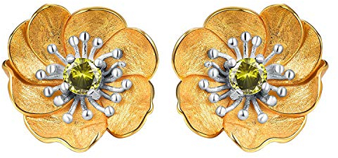 ✦ Geschenke für Frauen ✦Springlight Ohrringe Silber 925 Blühende Anemone Blume Ohrstecker Handmade: Ohrringe Schmuck Damen Jugendweihe Geschenke Mädchen.(Gold -Silver -Green)