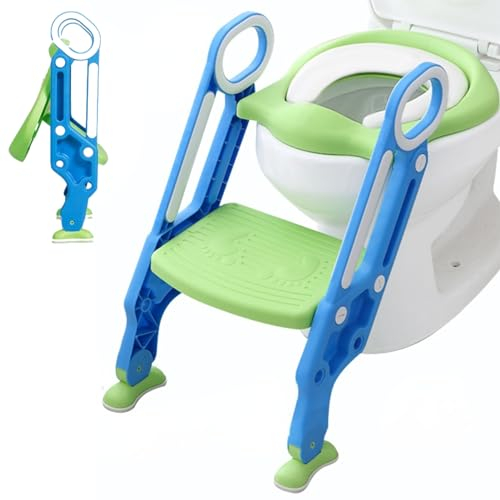 Sedile WC per bambini con scale, copriwater per bambini con scale, con scala, vasino regolabile in altezza, con cuscino e maniglie, colore: blu