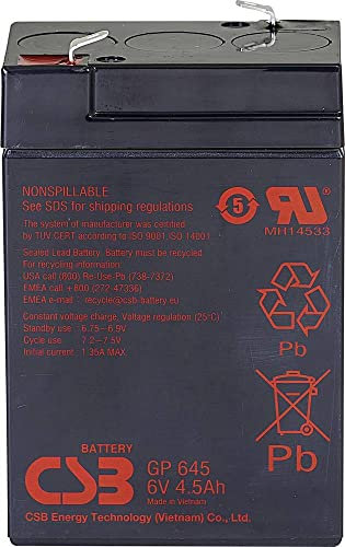 CSB Battery GP 645 Onduleur de veille GP645F1 Batterie au plomb 6 V 4,5 Ah en plomb non tissé (AGM) 70 x 107 x 48 m