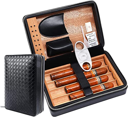 Time C Club Custodia per sigari in pelle da viaggio con trama intrecciata marrone a 4 dita, tagliasigari, humidor per sigari con e umidificatore, regalo dello sposo, regalo di compleanno